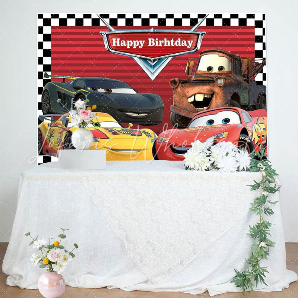 Disney Car Black White Grid Red Birthday Themed Backdrop For Boys