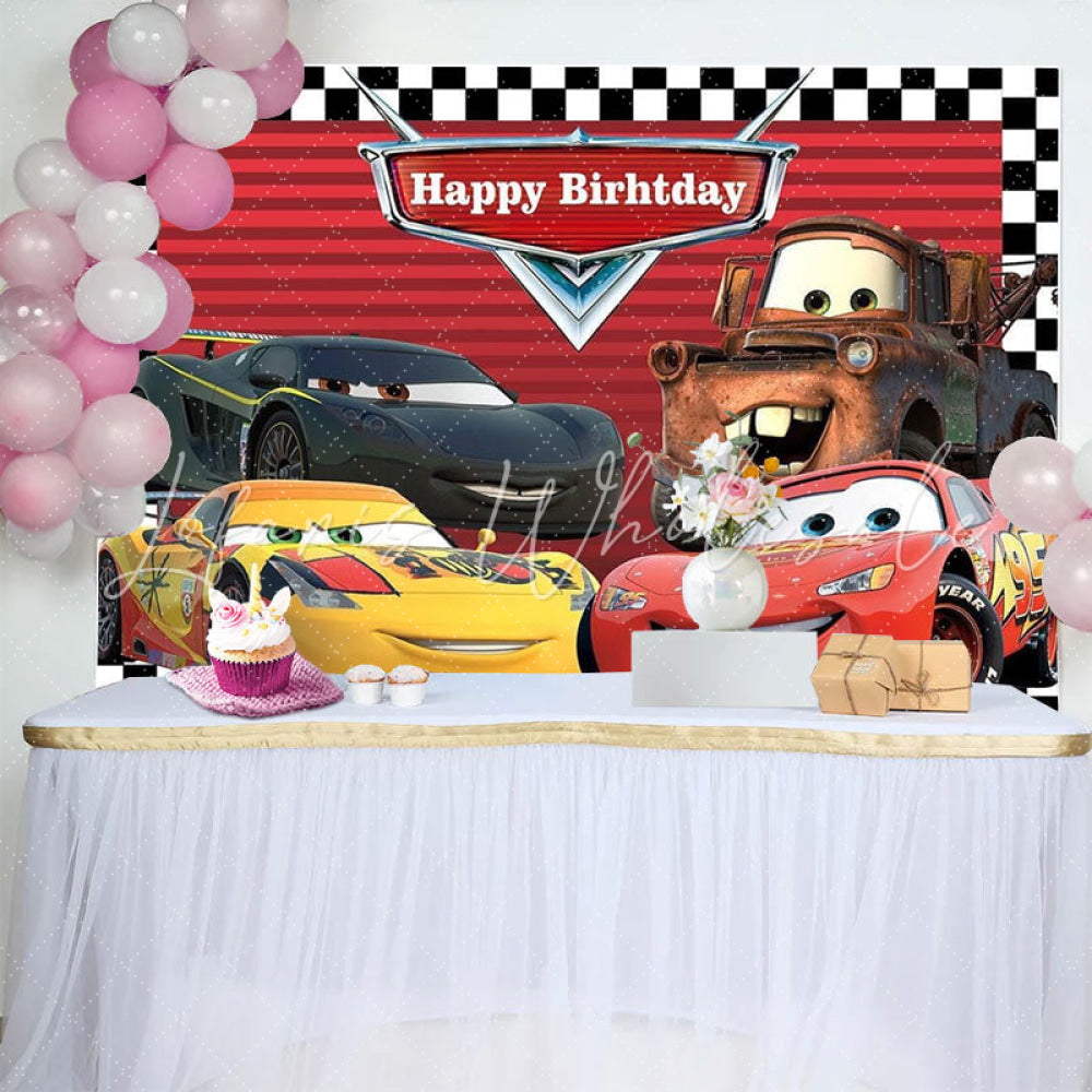 Disney Car Black White Grid Red Birthday Themed Backdrop For Boys