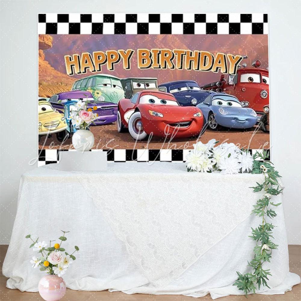 Disney Cars White Black Checkered Happy Birthday Backdrop For Boys