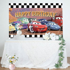 Disney Cars White Black Checkered Happy Birthday Backdrop For Boys