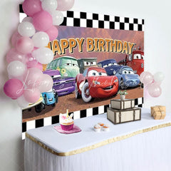 Disney Cars White Black Checkered Happy Birthday Backdrop For Boys