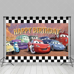 Disney Cars White Black Checkered Happy Birthday Backdrop For Boys