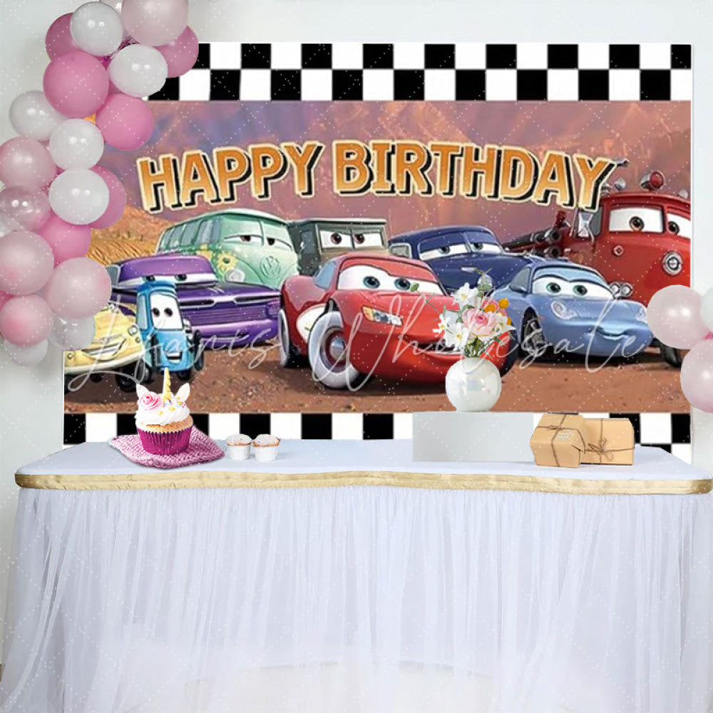 Disney Cars White Black Checkered Happy Birthday Backdrop For Boys