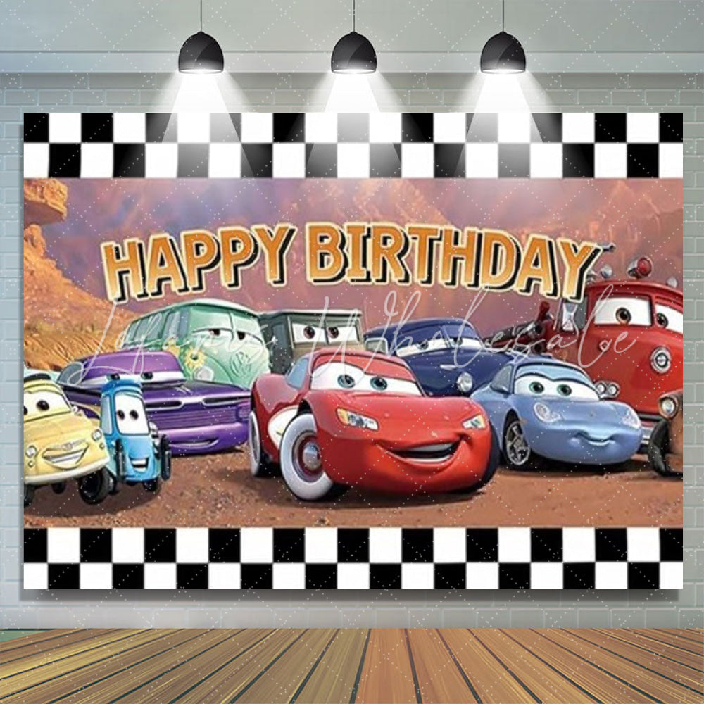 Disney Cars White Black Checkered Happy Birthday Backdrop For Boys