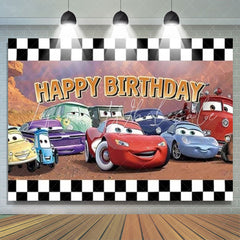 Disney Cars White Black Checkered Happy Birthday Backdrop For Boys
