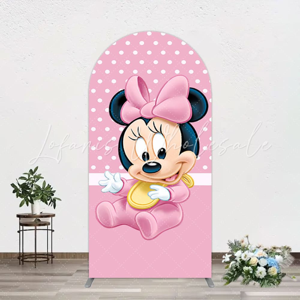 Disney Cartoon Pink White Dots Minnie Mouse Birthday Arch Backdrop