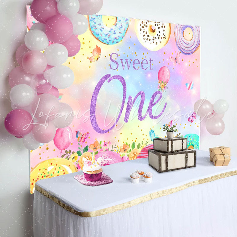 Lofaris Donut Candy Floral Butterfly 1st Birthday Backdrop