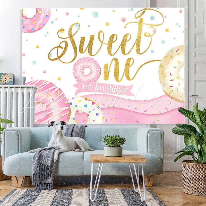 Lofaris Donut Themed Pink Golden Sweet one Birthday Backdrop