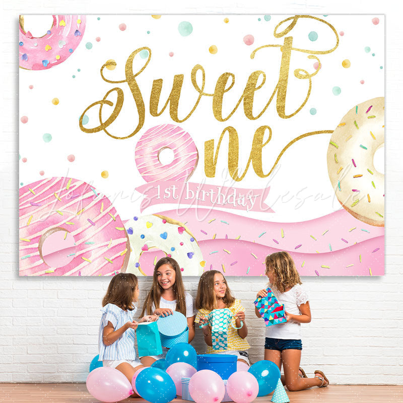 Lofaris Donut Themed Pink Golden Sweet one Birthday Backdrop