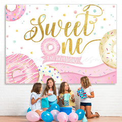 Lofaris Donut Themed Pink Golden Sweet one Birthday Backdrop