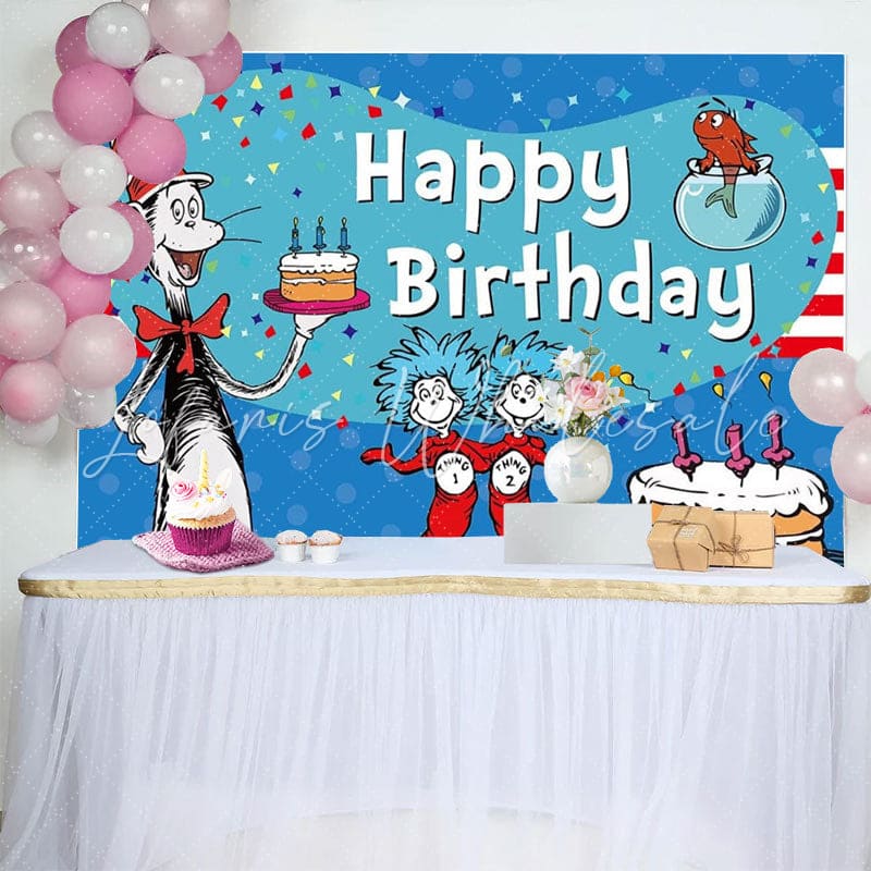 Dr Seuss Red And Blue Cat Cake Birthday Party Backdrop
