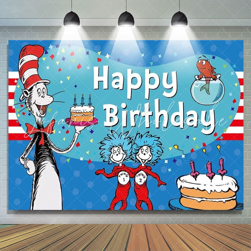 Dr Seuss Red And Blue Cat Cake Birthday Party Backdrop