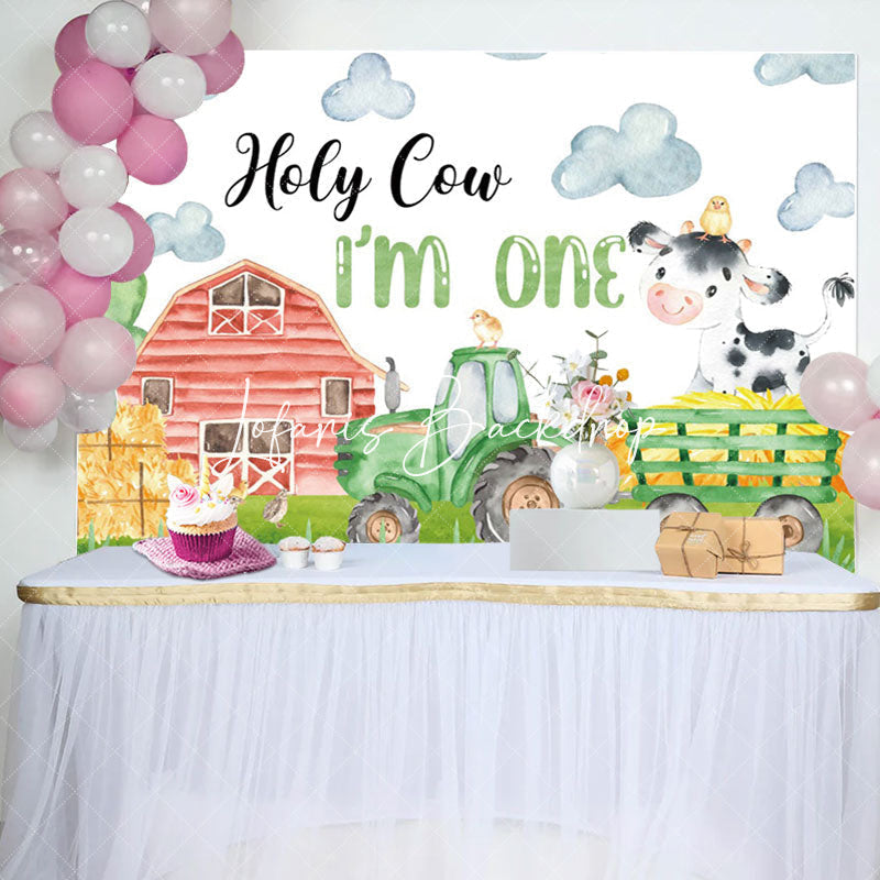 Lofaris Drawn Farm Barn Hay Holy Cow 1st Birthday Backdrop