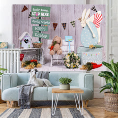 Lofaris Easter Bunny Stop Here Hippity Hoppity Wooden Backdrop
