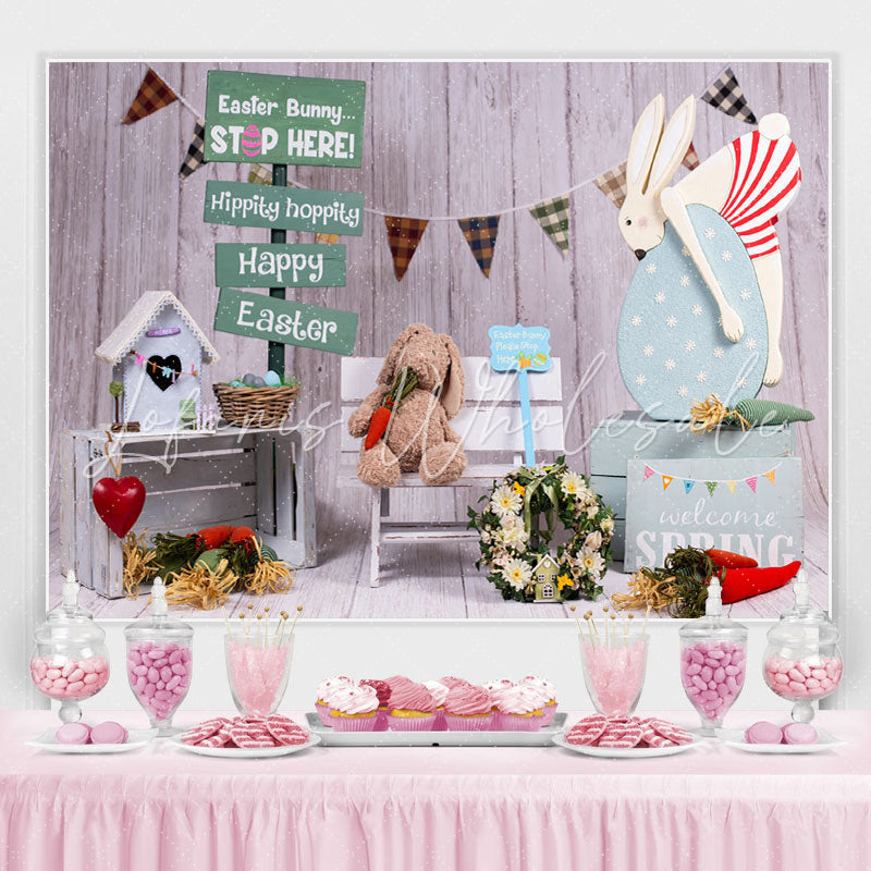 Lofaris Easter Bunny Stop Here Hippity Hoppity Wooden Backdrop