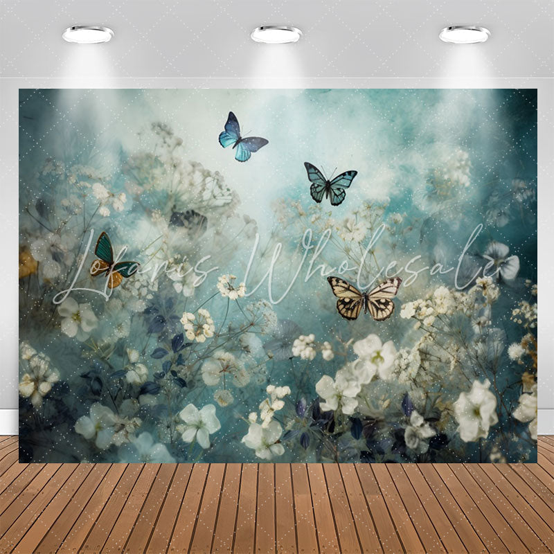 Lofaris Elegant Butterflies Floral Blue Birthday Backdrop