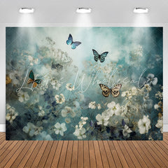 Lofaris Elegant Butterflies Floral Blue Birthday Backdrop