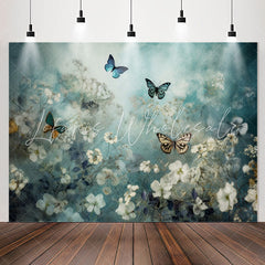 Lofaris Elegant Butterflies Floral Blue Birthday Backdrop