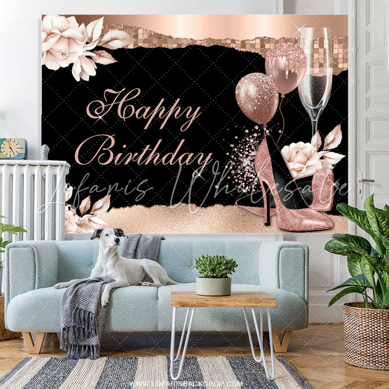 Lofaris Elegant Flower High Heel Happy Birthday Backdrop