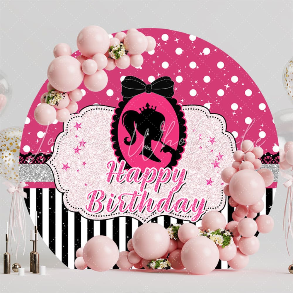 Elegant Sparkle Barbie Pink Round Happy Birthday Backdrop For Girls