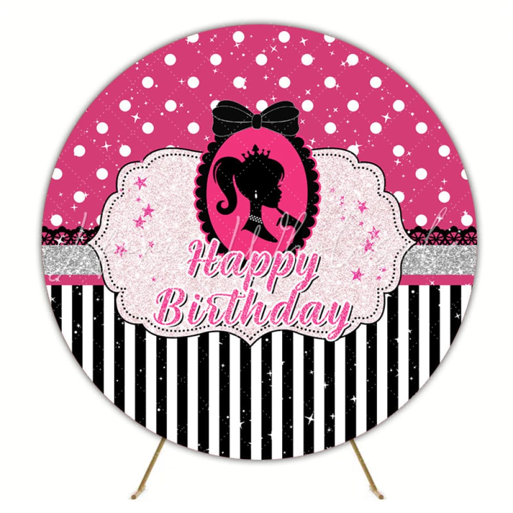Elegant Sparkle Barbie Pink Round Happy Birthday Backdrop For Girls