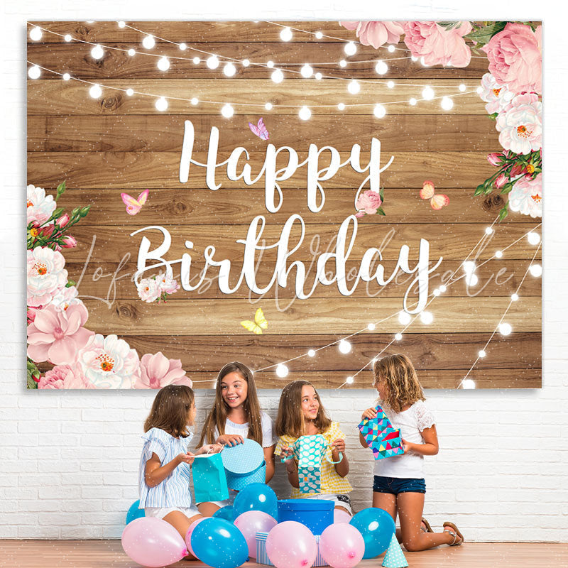 Lofaris Elegant Wooden Pink Floral Happy Birthday Backdrop