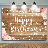 Lofaris Elegant Wooden Pink Floral Happy Birthday Backdrop