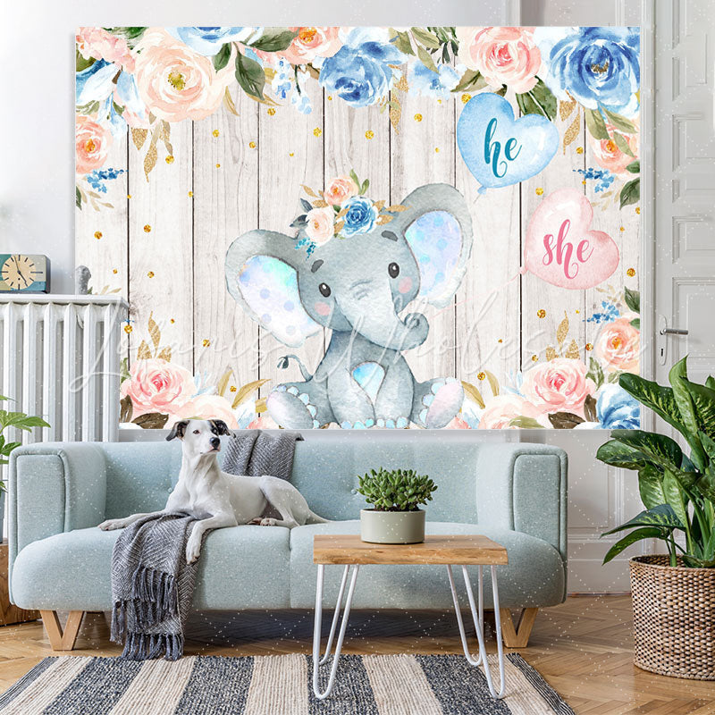 Lofaris Elephant And Floral Wooden Baby Shower Backdrop For Boy