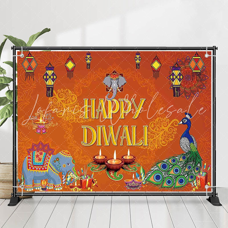 Lofaris Elephant Peacock Lights Orange Color Diwali Backdrop