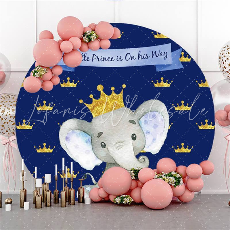 Lofaris Elephant With Glitter Crowns Round Baby Shower Backdrop