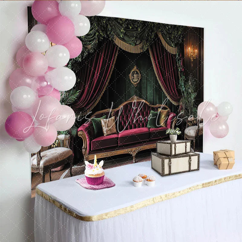 Elevate Vintage Victorian Portrait Backdrop with Red Velvet Sofa and Green Curtains Elegant Studio Background for Professional Photography