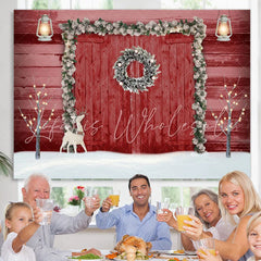 Lofaris Elk With Red Wood Door Christmas Party Theme Backdrop