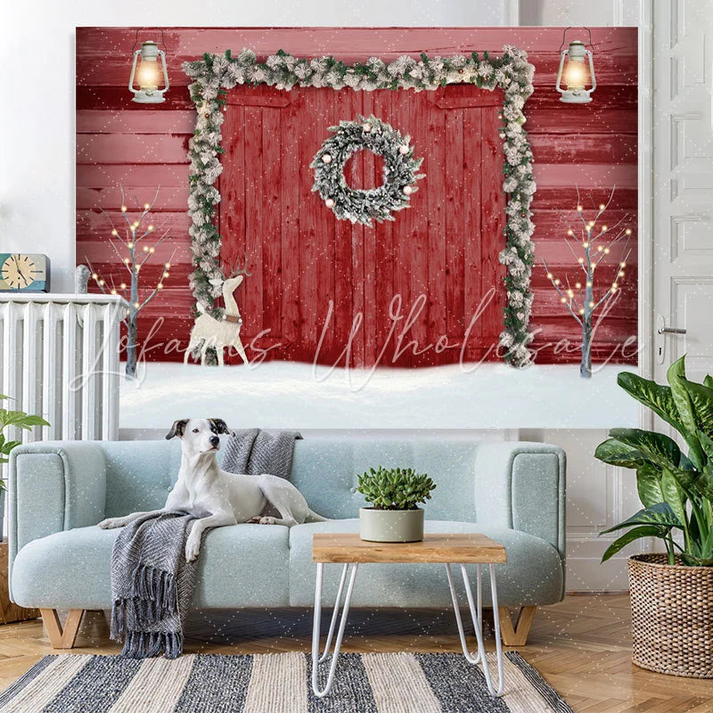 Lofaris Elk With Red Wood Door Christmas Party Theme Backdrop