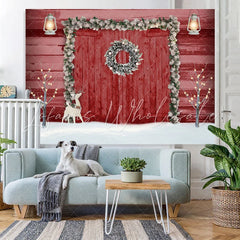 Lofaris Elk With Red Wood Door Christmas Party Theme Backdrop