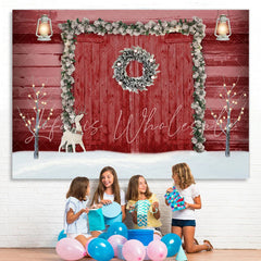 Lofaris Elk With Red Wood Door Christmas Party Theme Backdrop