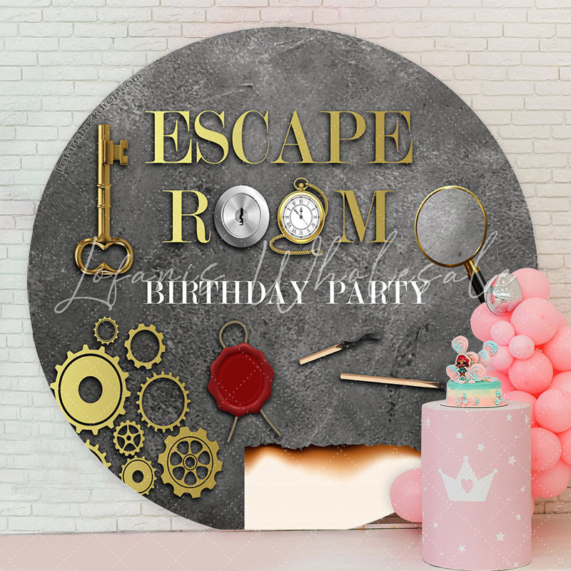 Lofaris Escape Room Gold Grey Birthday Party Round Backdrop
