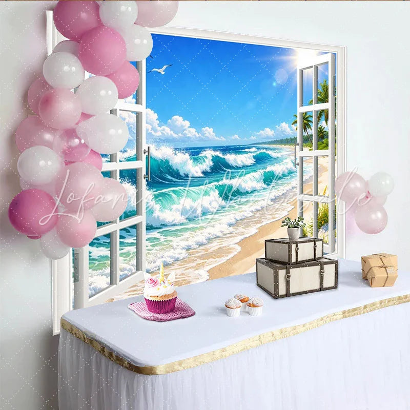 Escape Tropical Beach Open Window Photography Backdrop Palm Trees Sunny Seascape View for Photoshoot