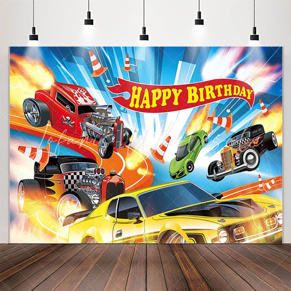 Lofaris Exciting Racing Cars Blue Birthday Party Backdrop