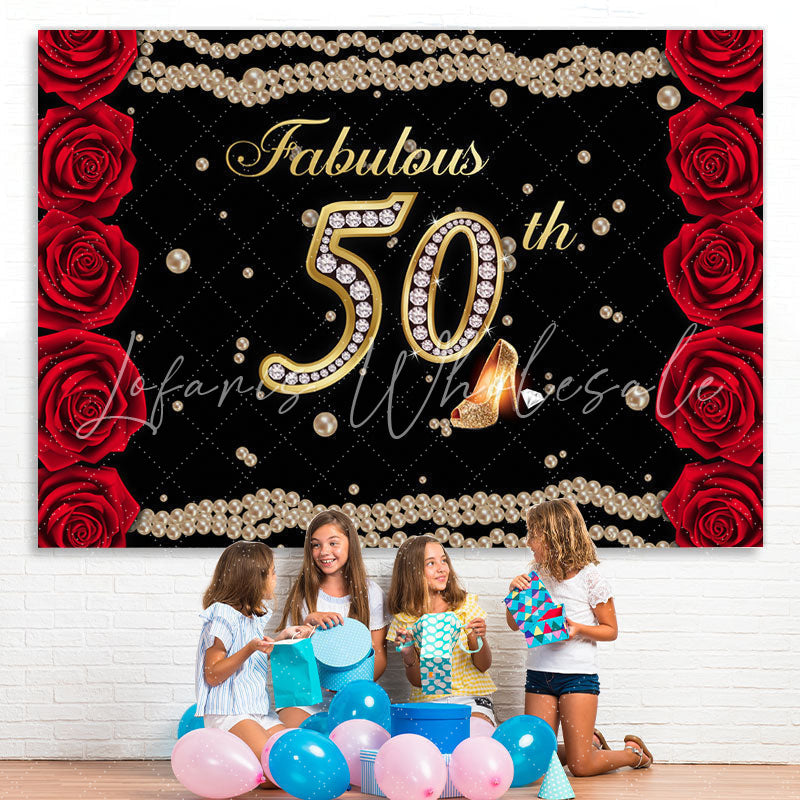 Lofaris Fabulous 50th Rose Pearls Birthday Backdrop for women