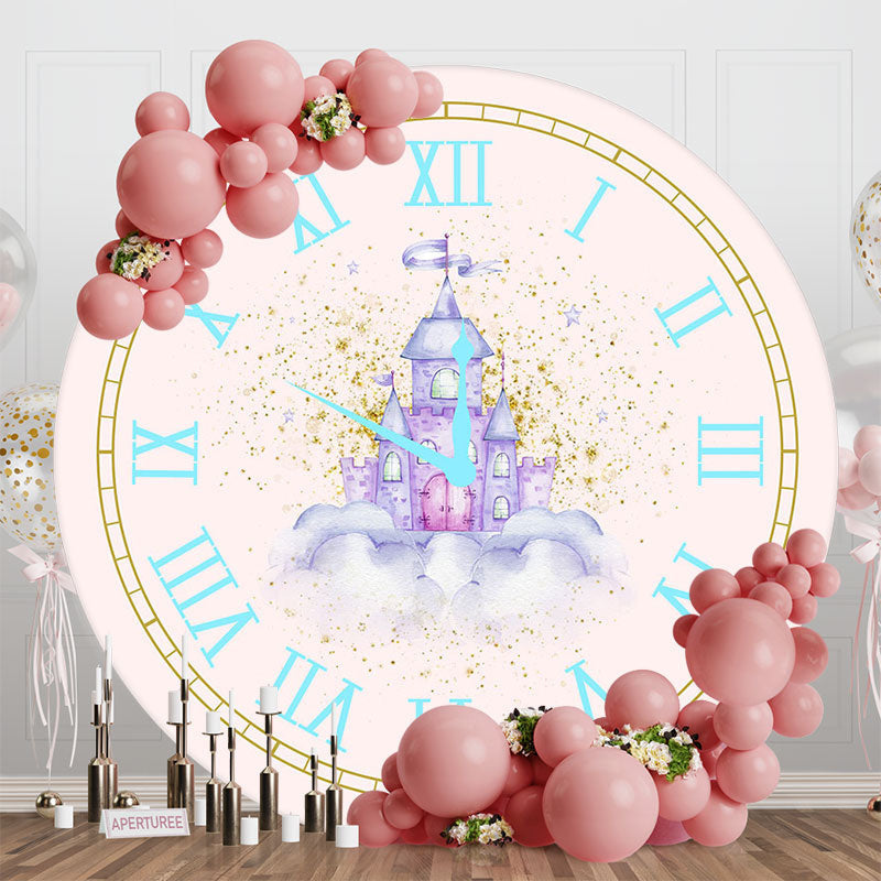 Lofaris Fairy Tale Pink Clock Castle Round Birthday Backdrop