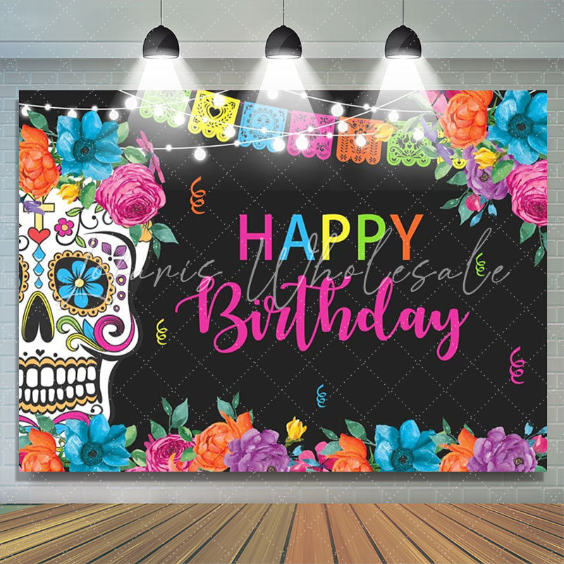 Lofaris Fiesta Skull Flowers Decor Happy Birthday Party Backdrop