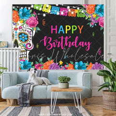 Lofaris Fiesta Skull Flowers Decor Happy Birthday Party Backdrop