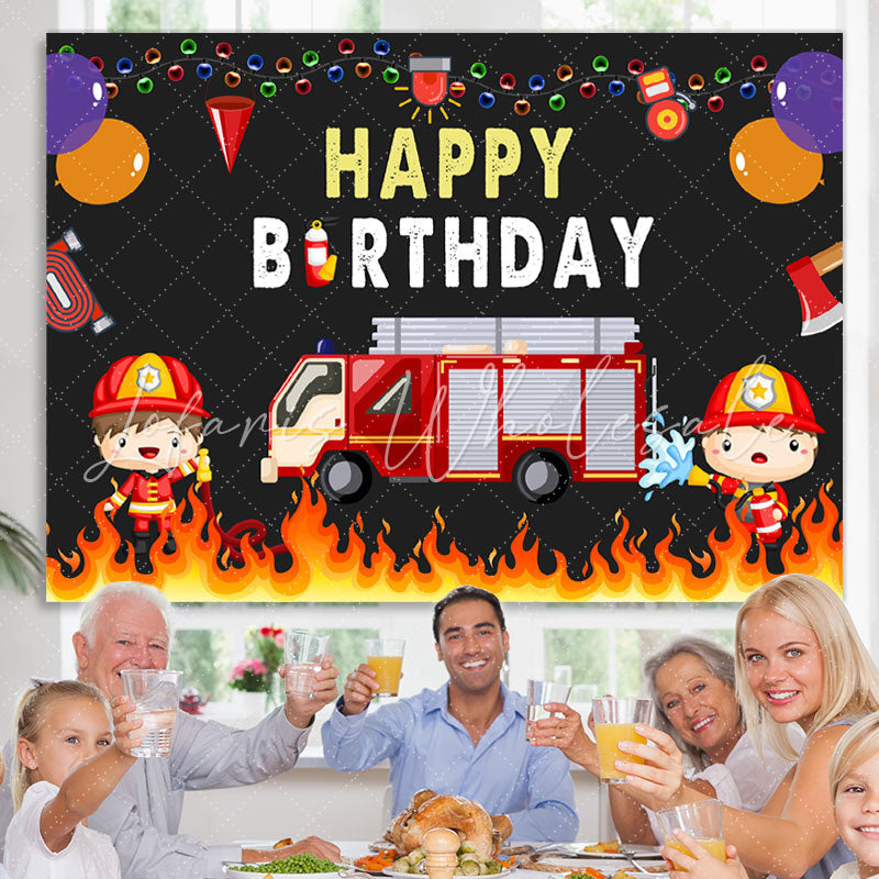 Lofaris Fire Truck Balloon Happy Birthday Backdrop For Boy