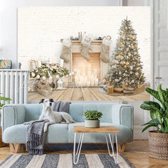 Lofaris Fireplace Christmas Tree White Wall Backdrop for Party