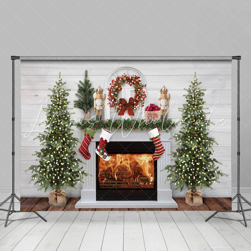Lofaris Fireplace Snow Socks Christmas Tree Lights White Wall Backdrop