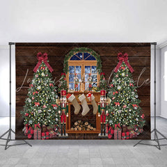 Lofaris Fireplace Stocking Window Wooden Christmas Tree Backdrops