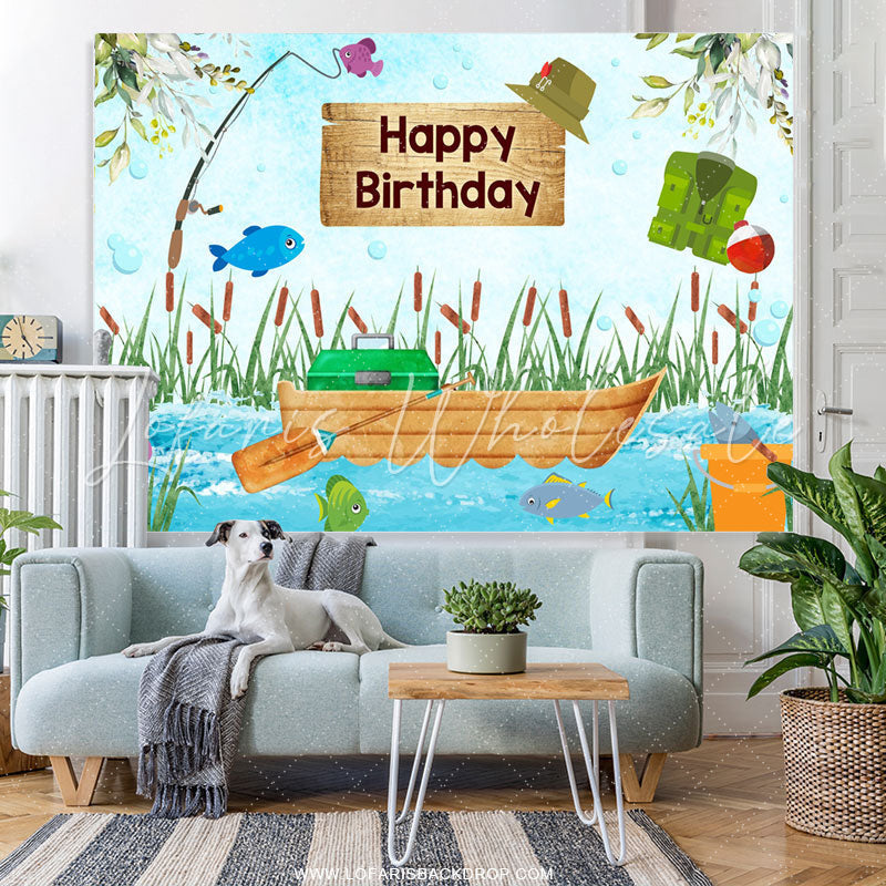 Lofaris Fish On The Boat In River Happy Birthday Backdrop