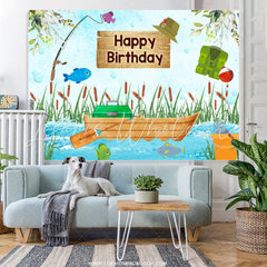 Lofaris Fish On The Boat In River Happy Birthday Backdrop