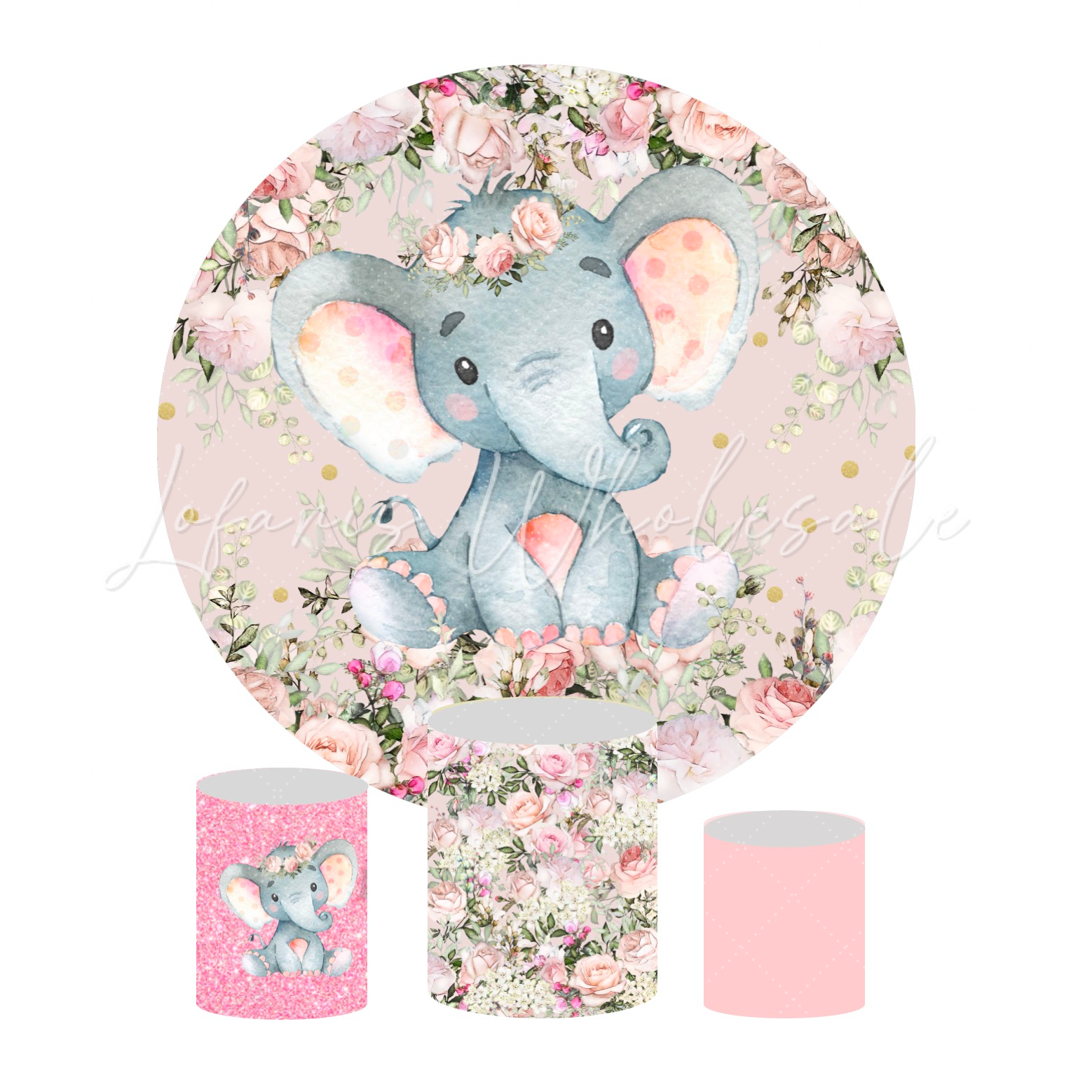 Flora Baby Elephant Birthday Baby Shower Party Round Backdrop Cover Cylinder Pedestal Cloth Cover