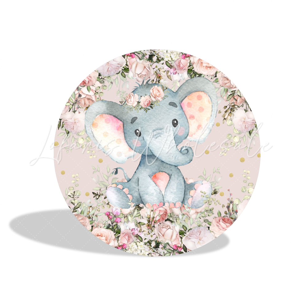 Flora Baby Elephant Birthday Baby Shower Party Round Backdrop Cover Cylinder Pedestal Cloth Cover